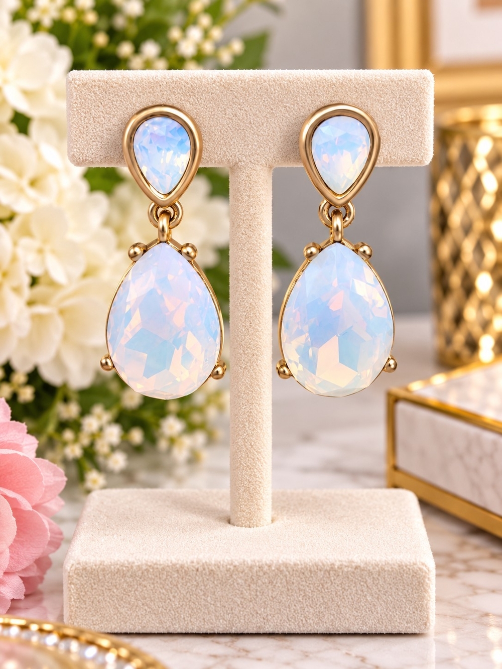 Opal Teardrop Dangle Earrings - Gold Setting